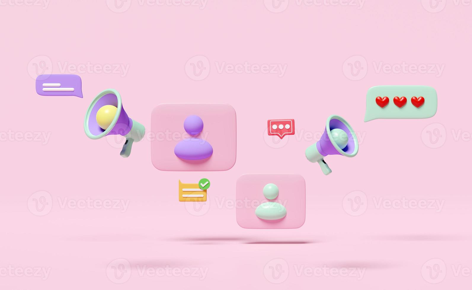 3d megaphone with chat bubbles icons isolated on pink background. social media online social, communication applications concept, 3d render illustration, clipping path photo