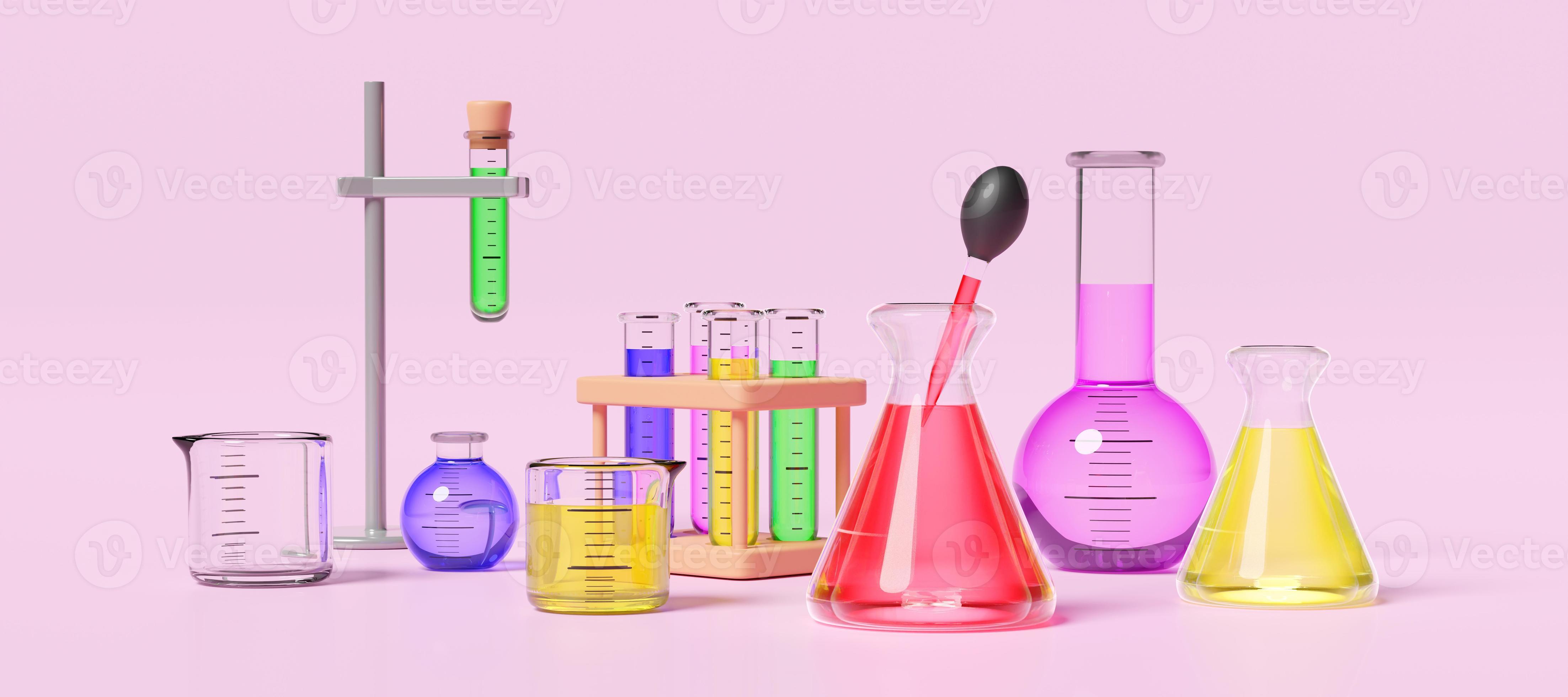 3d Science Experiment Kit With Beaker Test Tube Isolated On Pink 3d-science-experiment-kit-with-beaker-test-tube-isolated-on-pink