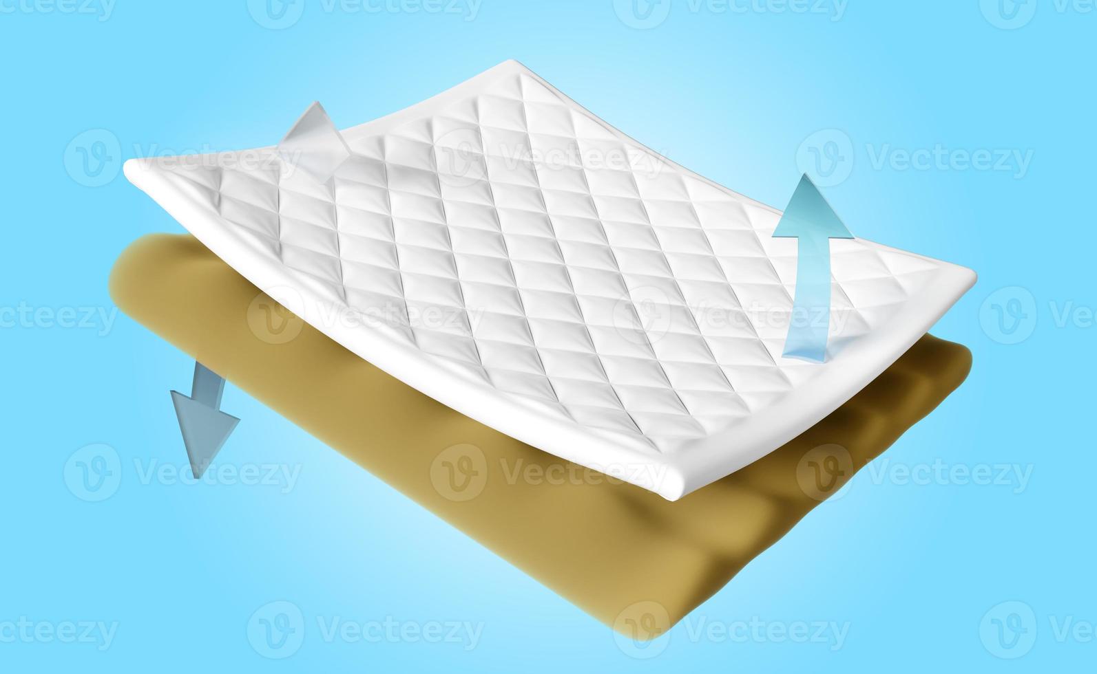 3d layered sheet material mattress with soft sponge, fabric, rubber, arrow isolated on blue background. minimal abstract, 3d render illustration, clipping path photo