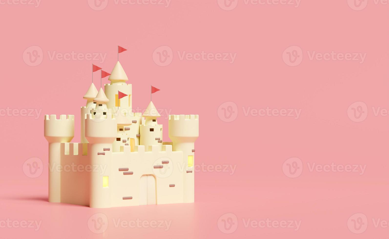 summer vacation concept, 3d sand castle with towers, fort, gates and flags isolated on pink background. 3d render illustration, clipping path photo