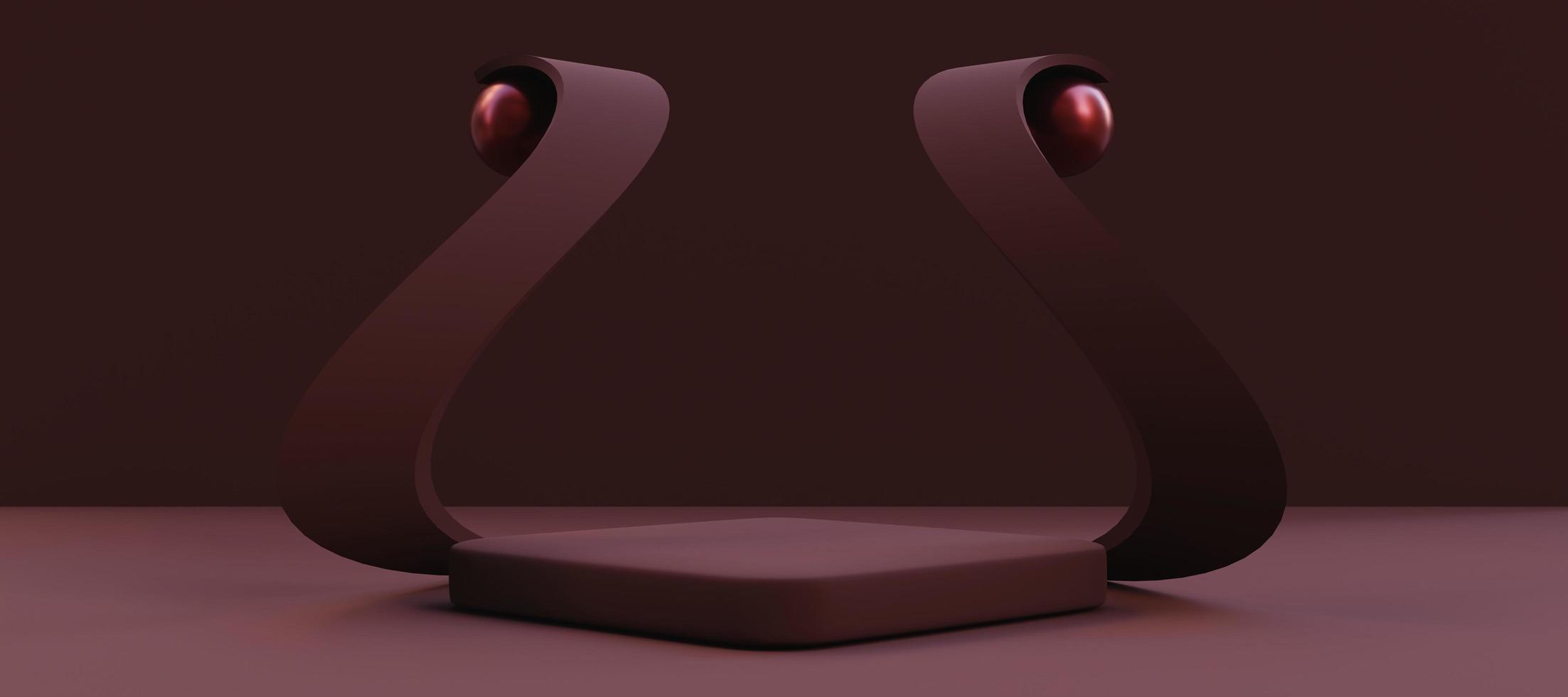Elegant podium with  abstract art objects. Stand to show products. Stage showcase with copy space. Pedestal display. Banner size. Website cover template. 3D rendering. photo