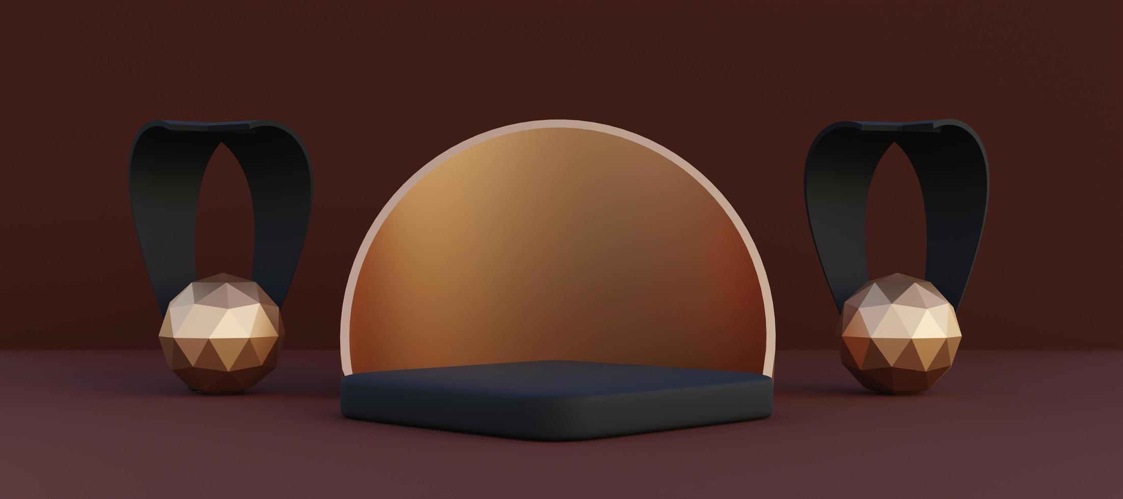 Elegant podium with  abstract art objects. Stand to show products. Stage showcase with copy space. Pedestal display. Banner size. Website cover template. 3D rendering. photo