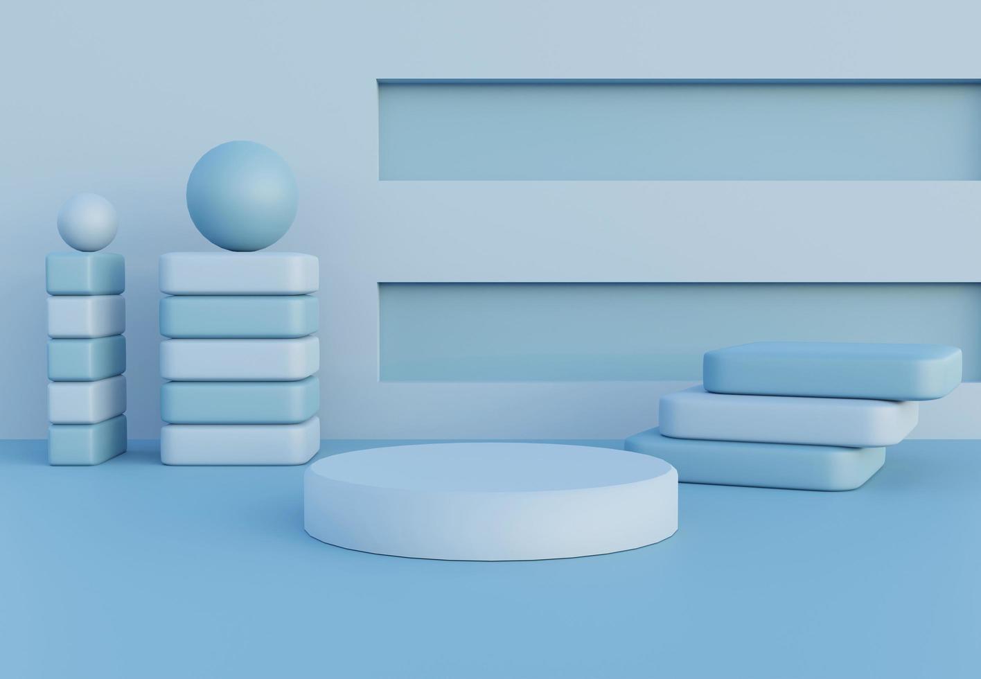 Blue podium with abstract art objects. Stand to show products. Stage showcase with modern scene. Pedestal display with copy space in blue shades. 3D rendering. Studio platform template. photo
