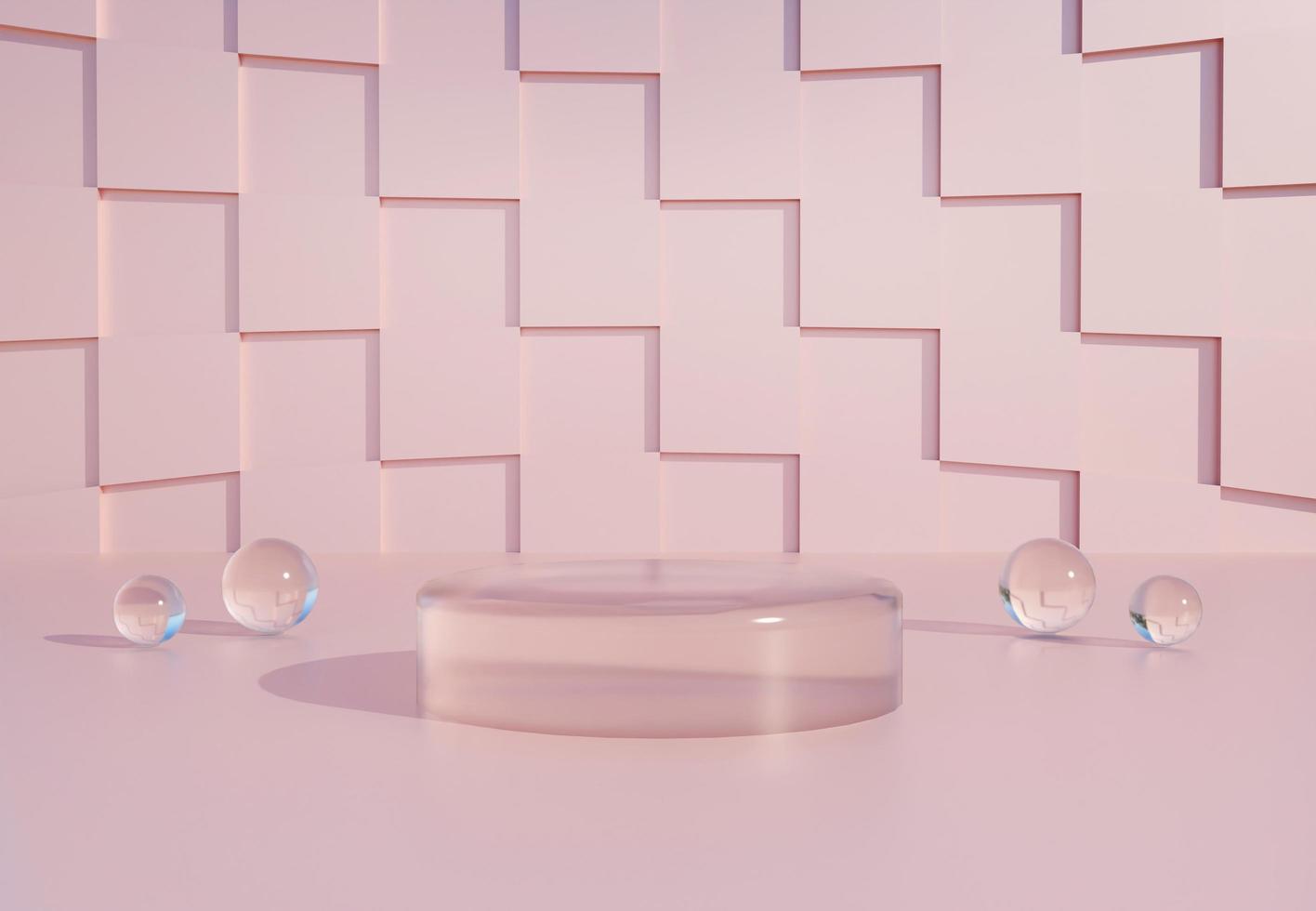 Clear glass cylinder podium with pink abstract wall. Stand to show products. Stage showcase with pastel minimal scene. Pedestal display with copy space. 3D rendering. Studio platform template. photo