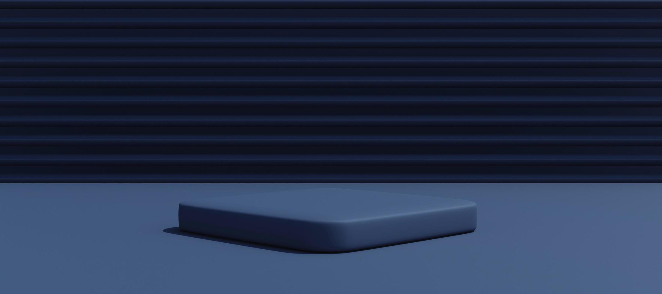 Modern dark blue podium with  abstract stripes wall. Stand to show products. Stage showcase with copy space. Pedestal display. Banner size. Website cover template. 3D rendering. photo