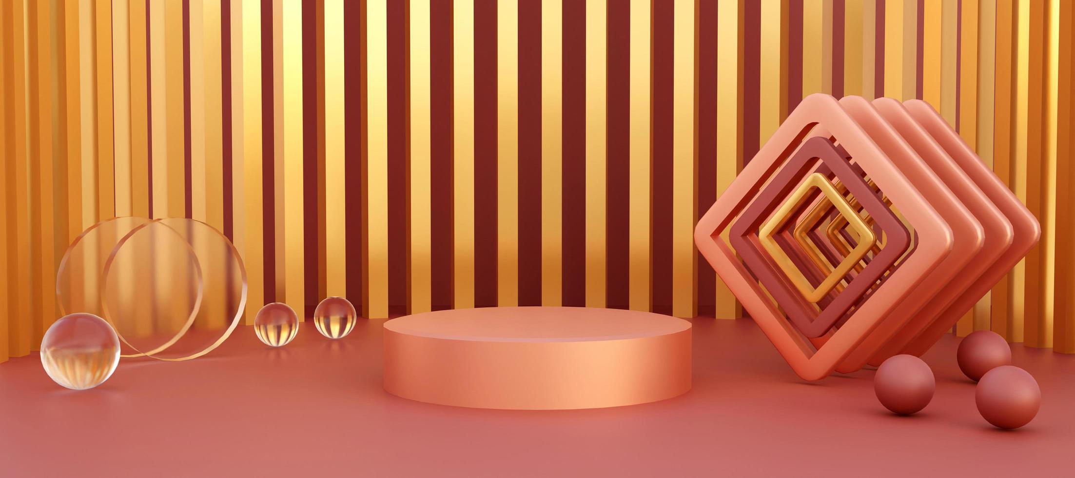 Metallic coral podium with abstract geometric objects. Stand to show products. Stage showcase with copy space. Pedestal display. Banner size. Website cover template. 3D rendering. photo