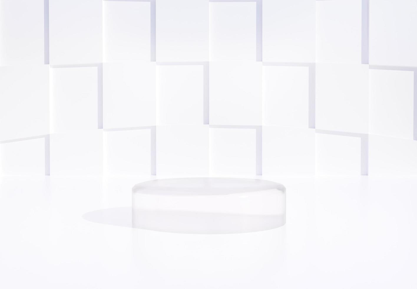 Clear glass podium with abstract white background. Stand to show products. Stage showcase with modern scene. Pedestal display with copy space. 3D rendering. Studio platform template. photo