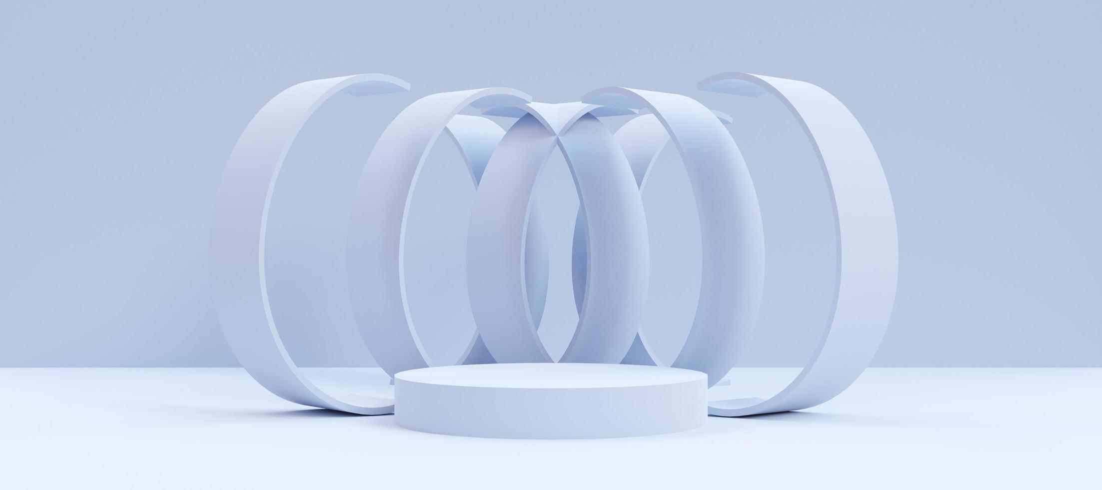 Elegant podium with  abstract art objects. Stand to show products. Stage showcase with copy space. Pedestal display. Banner size. Website cover template. 3D rendering. photo