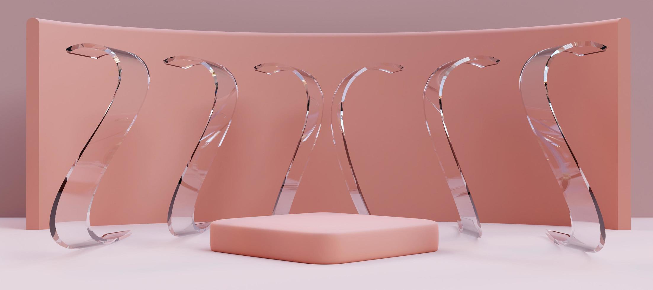 Elegant pink podium with  abstract art objects. Stand to show products. Stage showcase with copy space. Pedestal display. Banner size. Website cover template. 3D rendering. photo