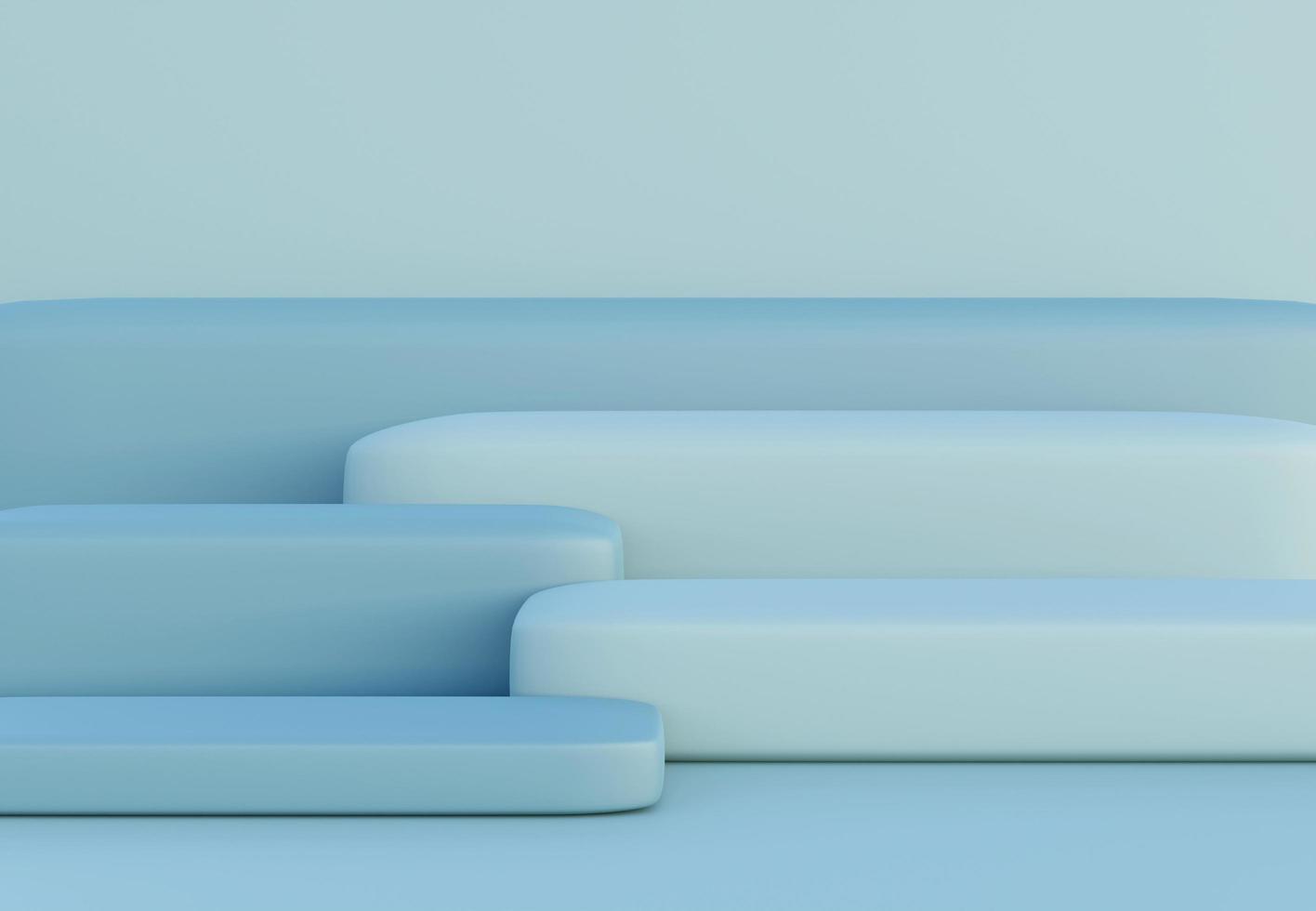 Blue podium with abstract art objects. Stand to show products. Stage showcase with modern scene. Pedestal display with copy space in blue shades. 3D rendering. Studio platform template. photo