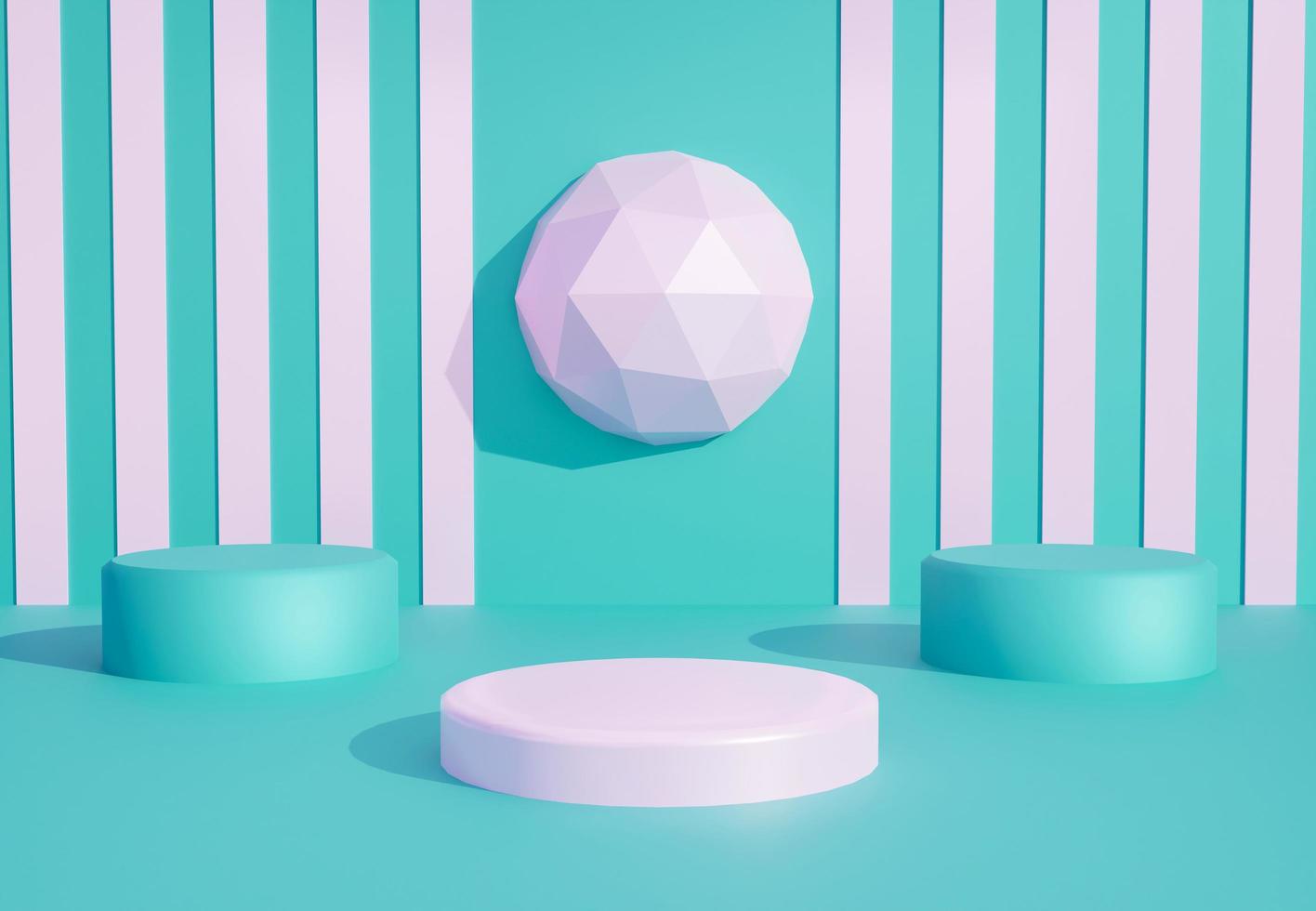 Light purple podium with cyan abstract art objects. Stand to show products. Stage showcase with modern scene. Pedestal display with copy space. 3D rendering. Studio platform template. photo