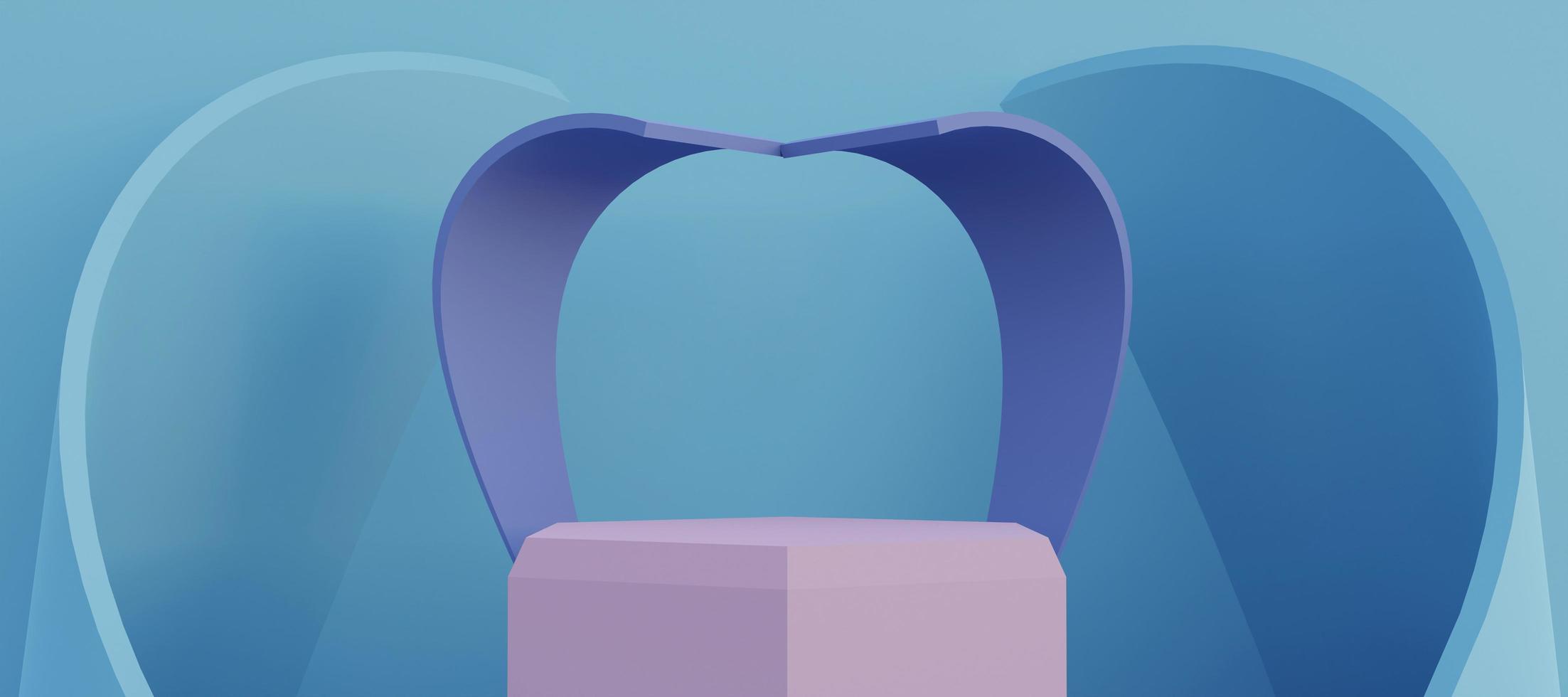 Podium with abstract art objects. Stand to show products. Stage showcase with modern pastel scene. Pedestal display with copy space. 3D rendering. Studio platform template. photo