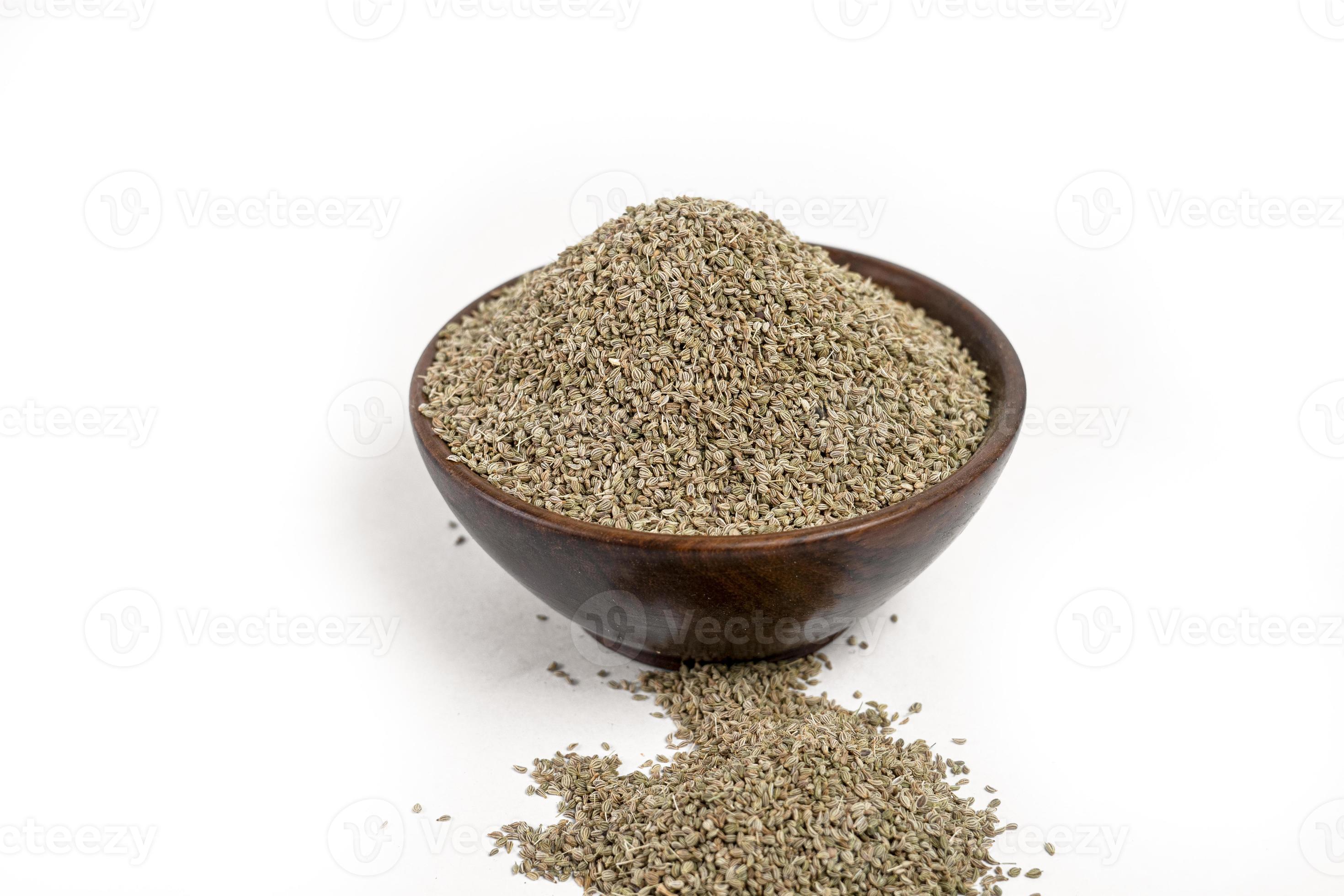 Ajwain or Trachyspermum ammi,caraway herb spice seeds on white
