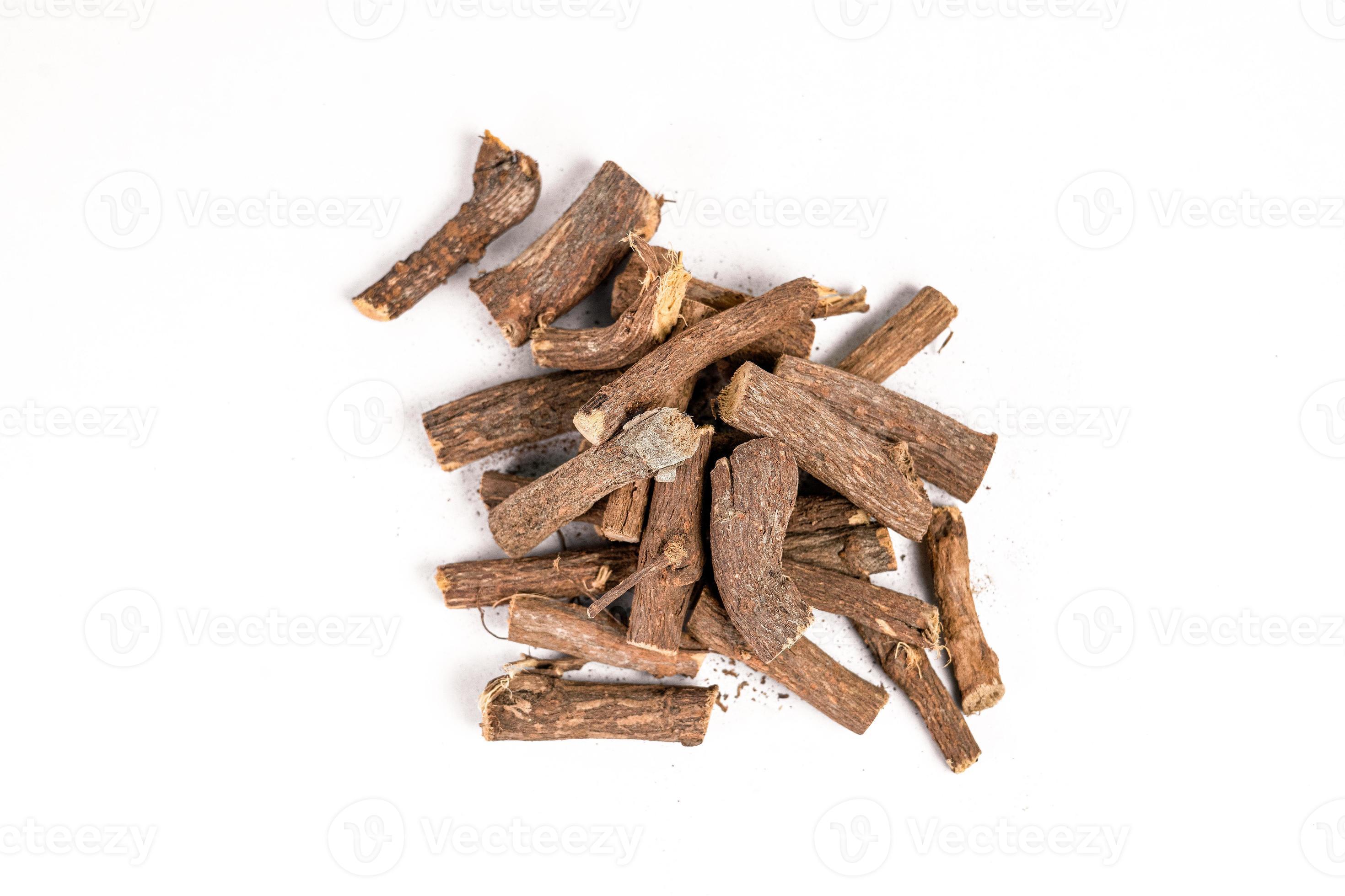 Ayurvedic Mulethi or Liquorice root stick or jeshthamadh on white