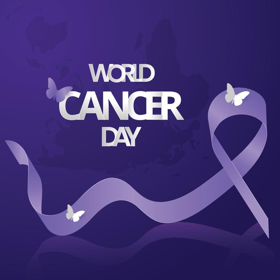 World cancer day purple ribbon with butterfly concept poster design vector