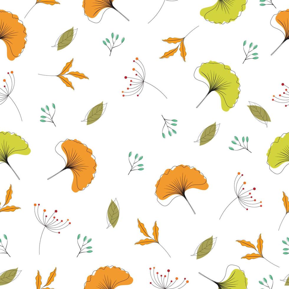 Autumn patterned background. Fall leaves line art with colorful seamless pattern. vector