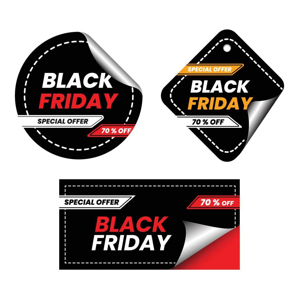 Black friday sale ribbon badge seal and level banners collection isolated. Vector price tags isolated on black background
