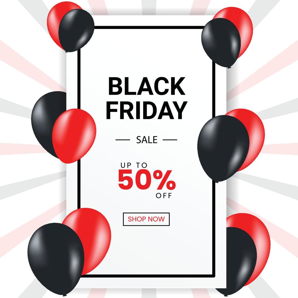 Black Friday Sale Poster with Shiny Balloons on White Background with Frame. Vector illustration
