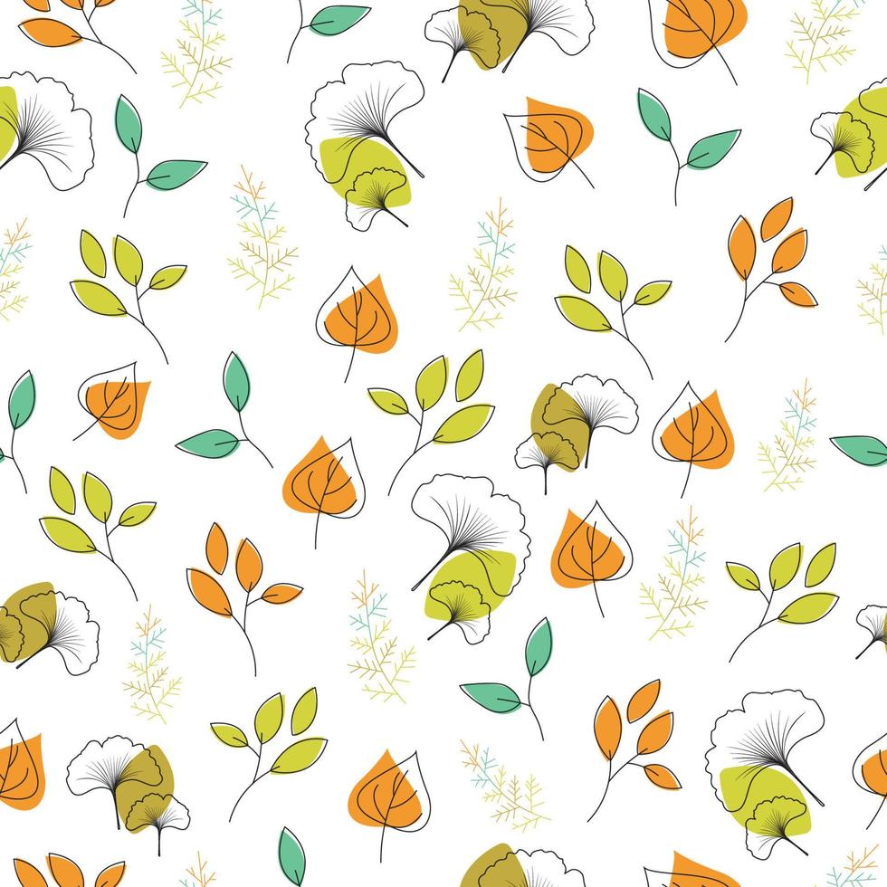Autumn patterned background. Fall leaves line art with colorful seamless pattern. vector