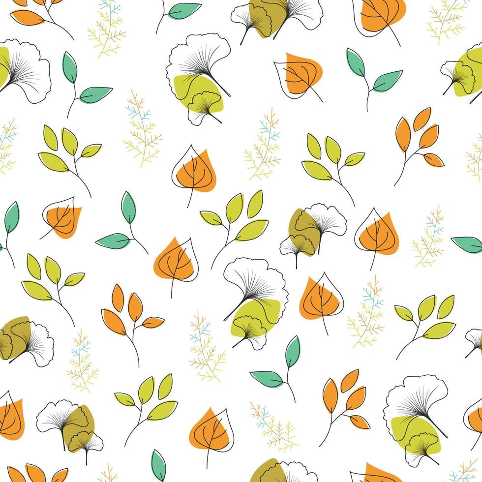 Autumn patterned background. Fall leaves line art with colorful seamless pattern. vector