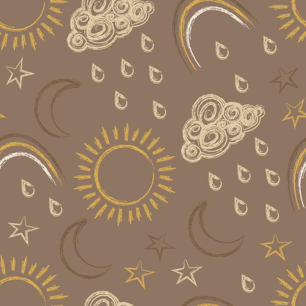 Cute cartoon Bohemian nursery pattern. Boho vector print for wall decor in children's bedroom. Seamless pattern with cartoon rainbow, sun, planet