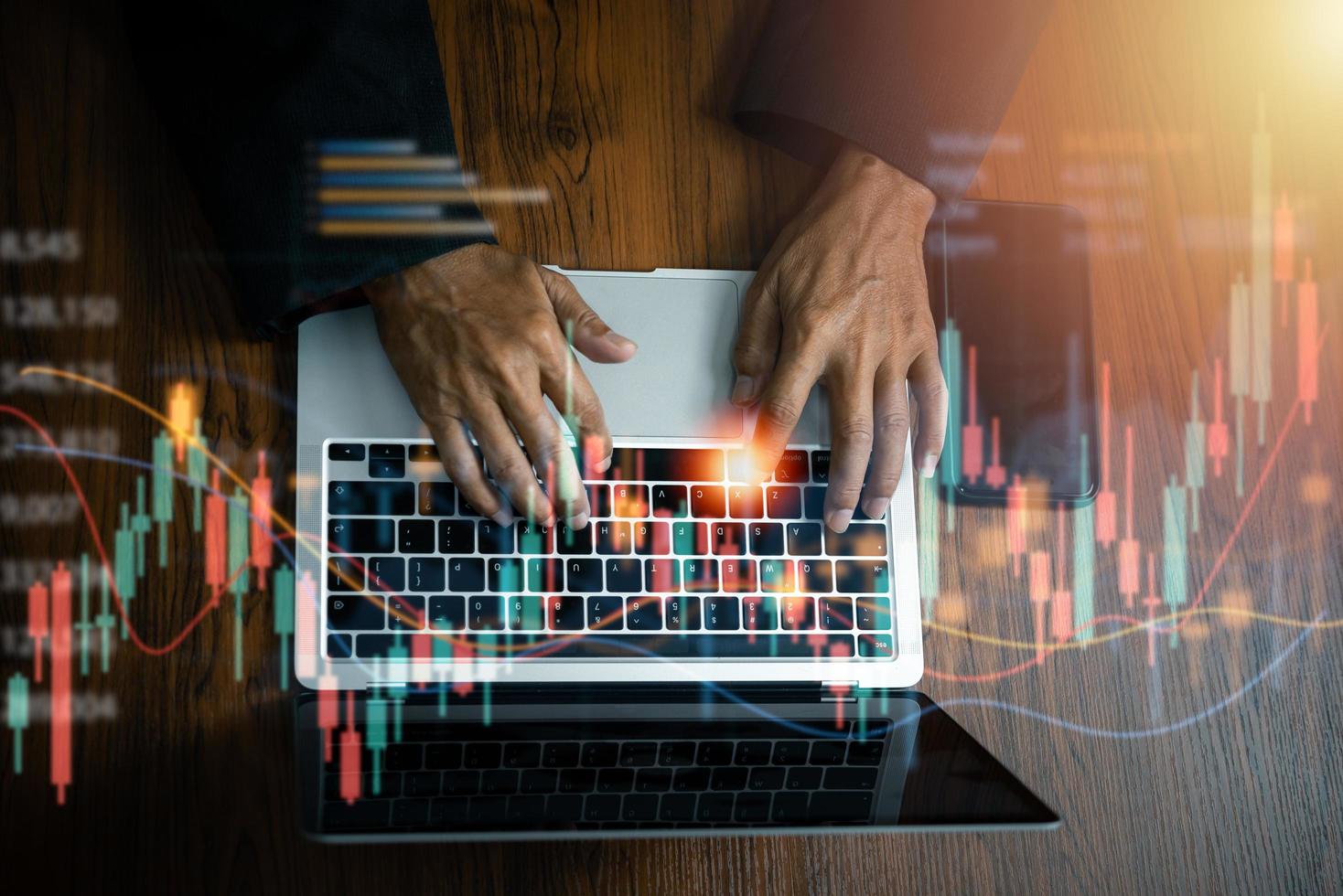 Finance exchange and stock market business chart analysis Currency graph, economic development investment in foreign exchange, economic trade with computer laptop top view. photo
