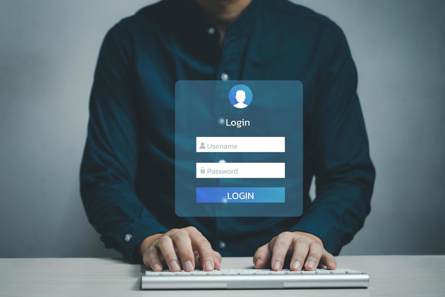 man using keyboard computer login interface on touch screen. user name and password inputs on virtual digital account online. photo