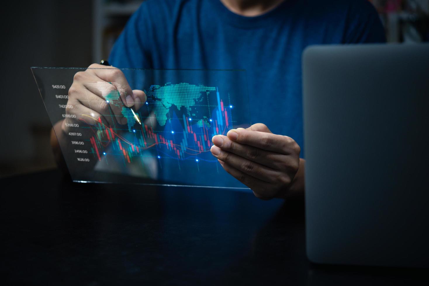 graph stock market diagram statistical chart analysis Future Banking Money Broker Professional Economic Accounting Information Leadership.Businessman holding pen virtual screen technology. photo