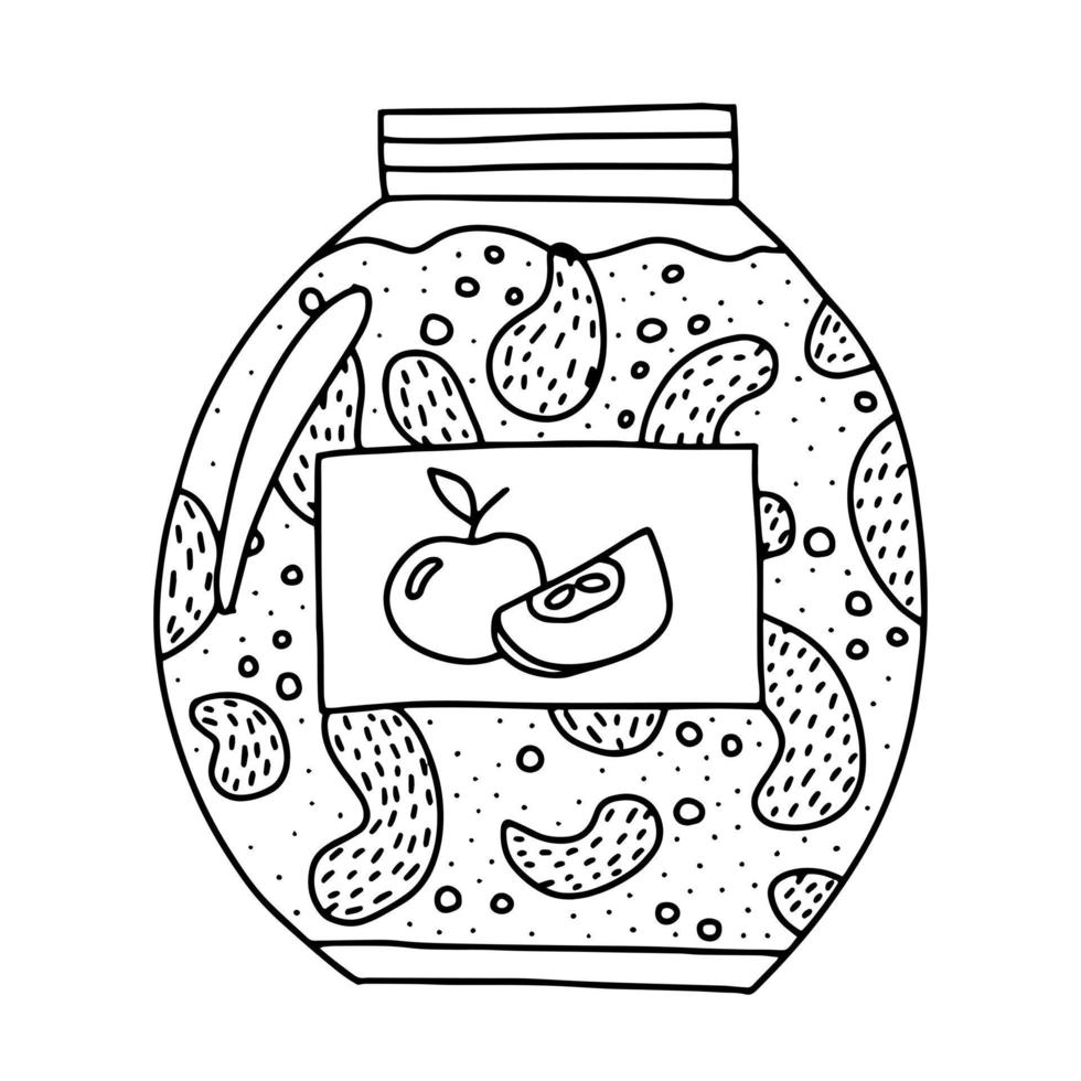 mermelada de manzana en la ilustración de vector de tarro de cristal. boceto de garabato de mermelada de manzana