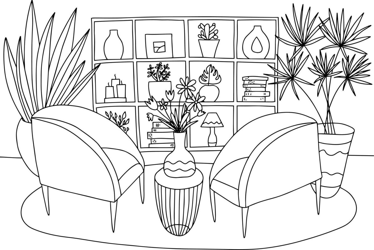 Living room interior coloring page. Cozy vector interior design living room. Coloring page for children and adults