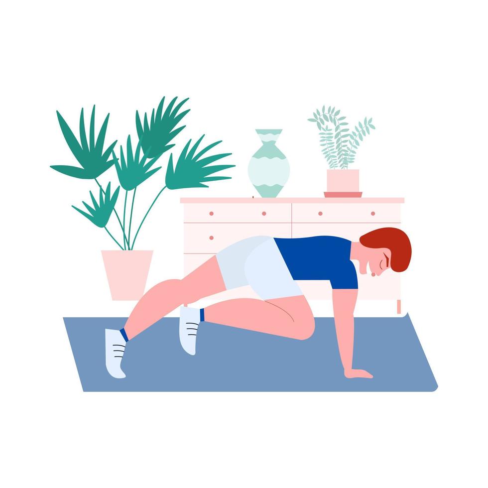 Man doing plank exercise vector illustration. Man doing fitness exercises at home isolated