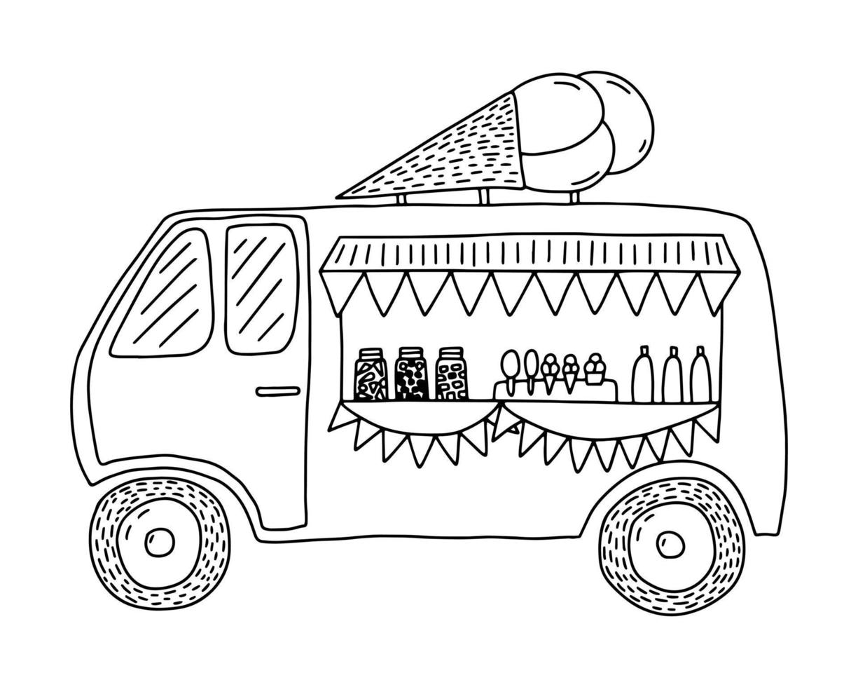 Ice cream truck coloring page. Cute food van with ice cream. vector