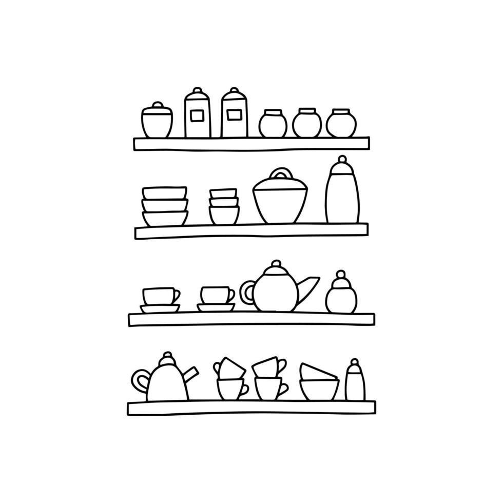 Vector kitchen utensils on shelf illustration. Kitchen tools coloring page