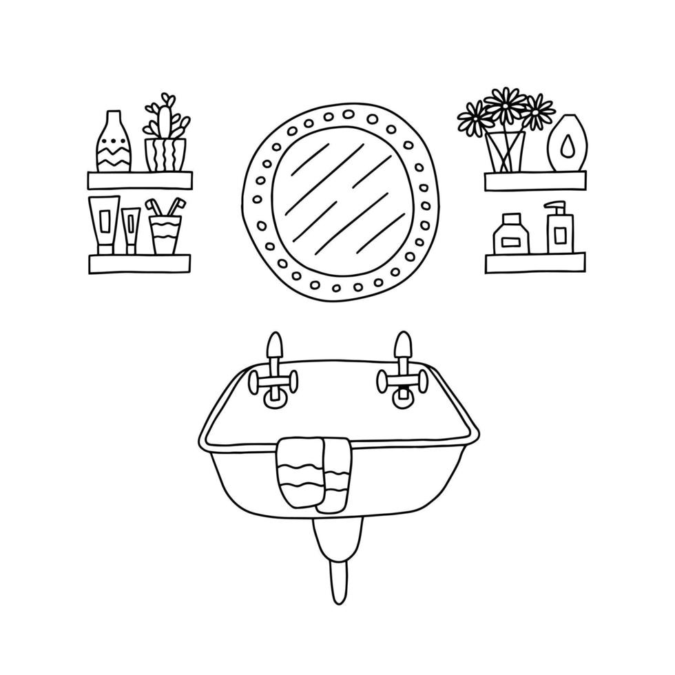 Doodle bathroom sink and mirror. Hand drawn toilet coloring page with sink  12347924 Vector Art at Vecteezy