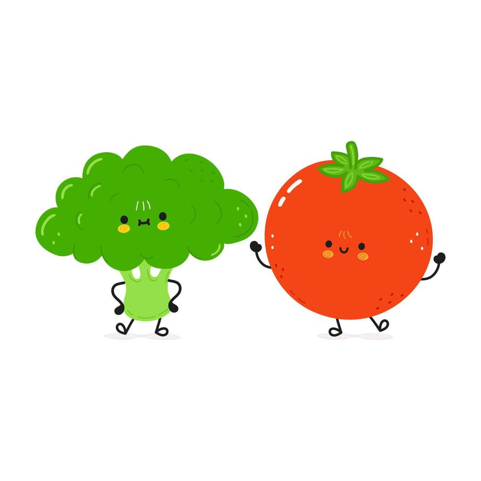 tarjeta de brócoli y tomate. diseño de icono de ilustración de personaje de dibujos animados de estilo de fideos dibujado a mano vectorial. feliz tarjeta de concepto de amigos de brócoli y tomate vector