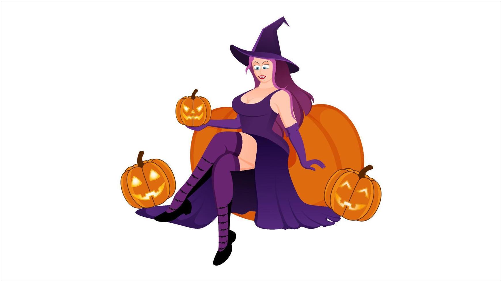 Halloween witch with pumpkin hand drawn character vector illustration.