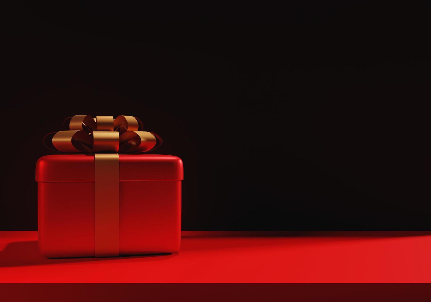 3D gift box red with ribbon on the podium on a dark background, Merry Christmas and happy new year concept with festive decoration for Christmas, birthday, Happy new year. 3d rendering illustration. photo
