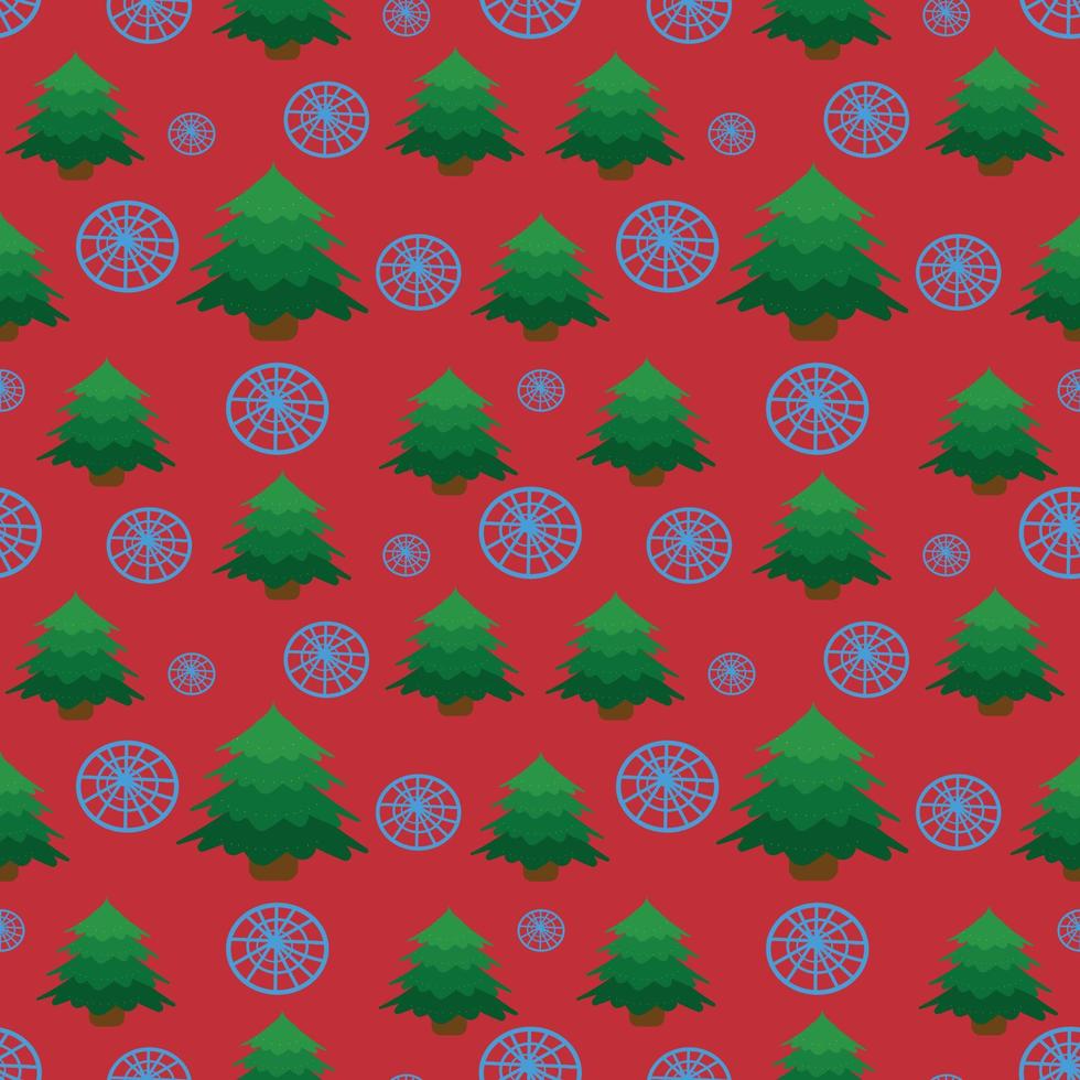 Christmas tree pattern on a red background with snowflakes. for wrapping paper. Vector. vector