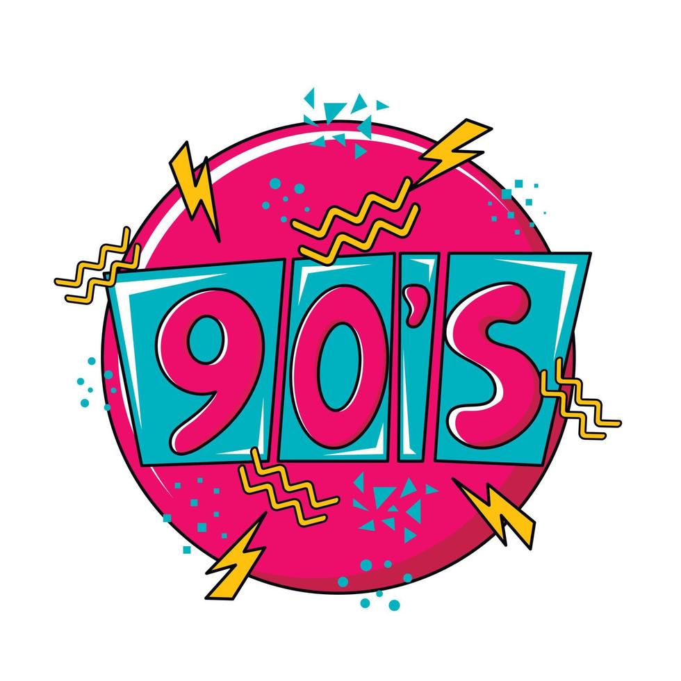 Vector flat illustration of 90s label logo number retro symbol in pop art style with lightning bolt and geometric design elements