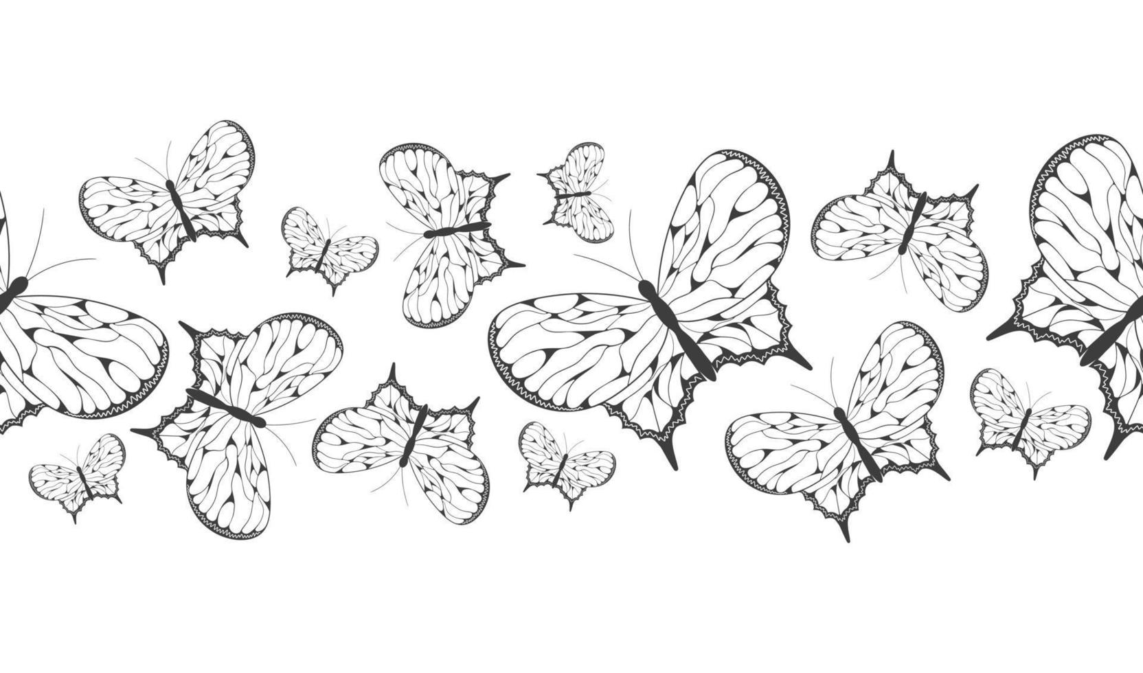 banner de borde transparente con silueta negra abstracta de lindas mariposas voladoras aisladas en fondo blanco para cinta decorativa vector