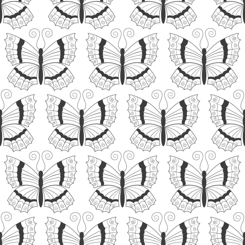 Seamless pattern with black silhouettes of butterflies isolated on a white background. Simple monochrome abstract outline design vector