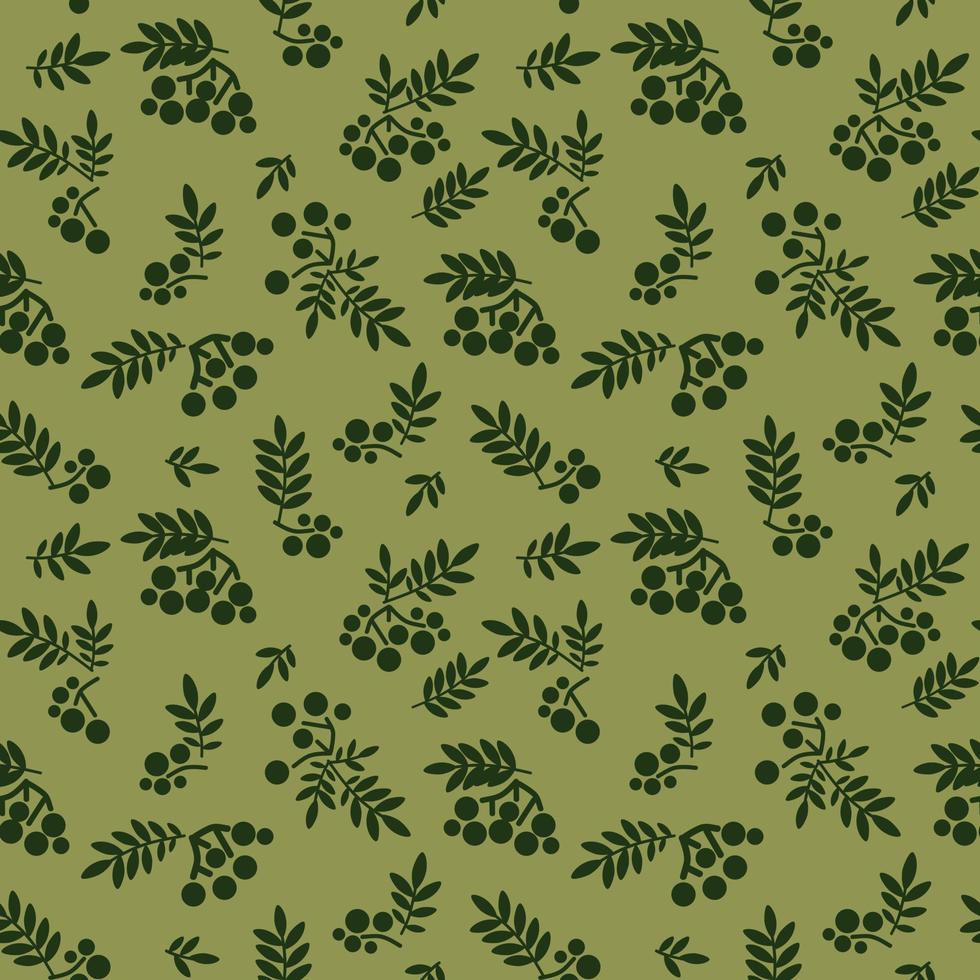Sprigs and berries of mountain ash on a green background. A pattern of nature with black rowan berries on the background. Seamless background vector
