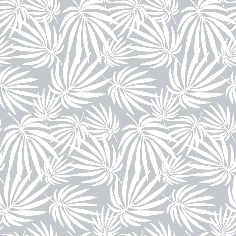 Background of white tropical palm leaves. Hand-drawn vector illustration of plants isolated on a gray background.
