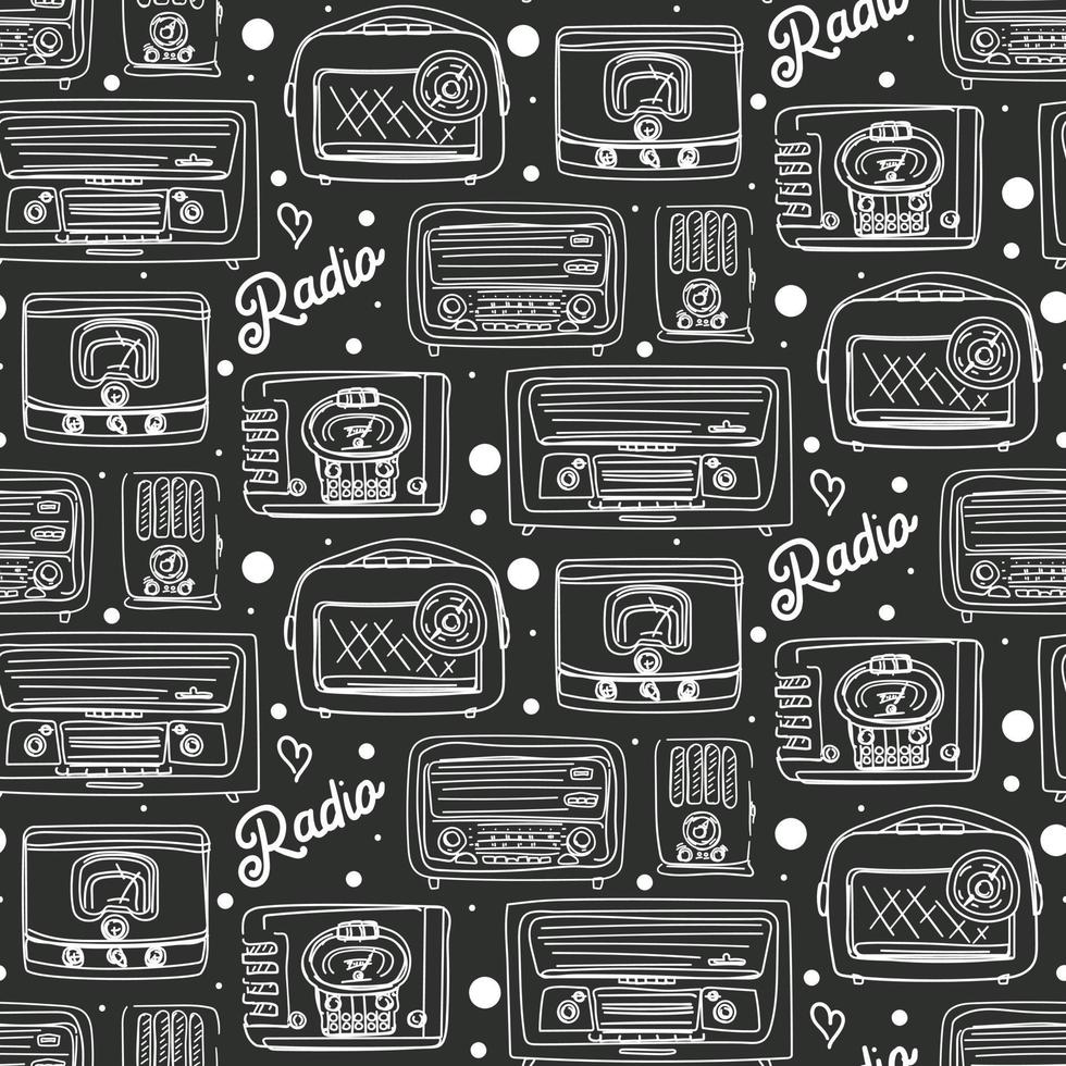 A pattern of retro radios in the sketch style with a white line on a dark background. Suitable for the use of printed products. Banners, flyers, stickers, promotional products. Printed texture on text vector