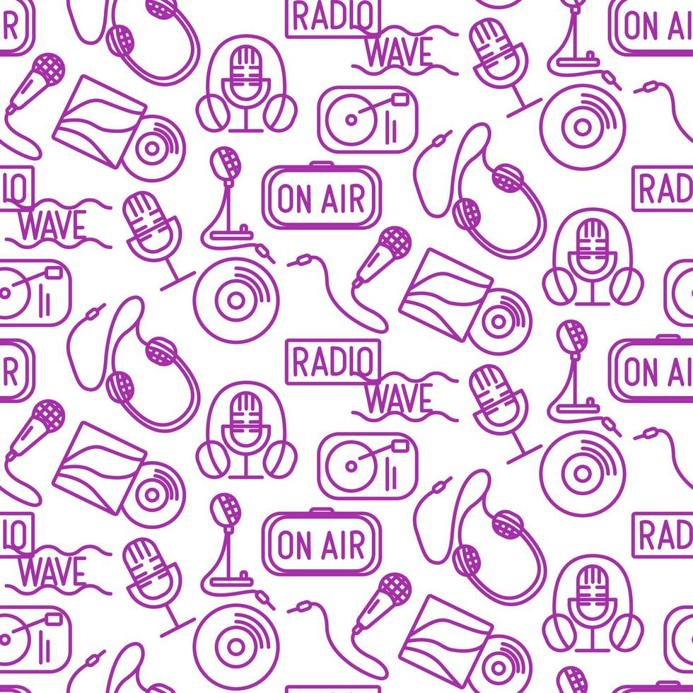A pattern based on the radio wave in the style of an icon. Purple icons on the radio theme. Suitable for printing on packaging, paper and textile products. vector