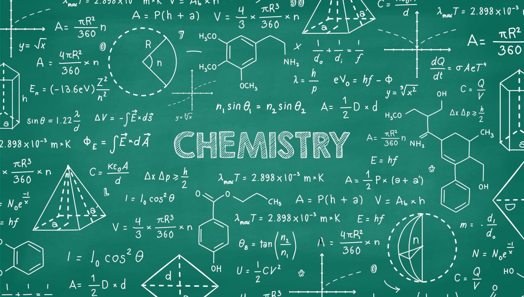 scientific and chemistry formulas and algebra illustration on green chalkboard vector