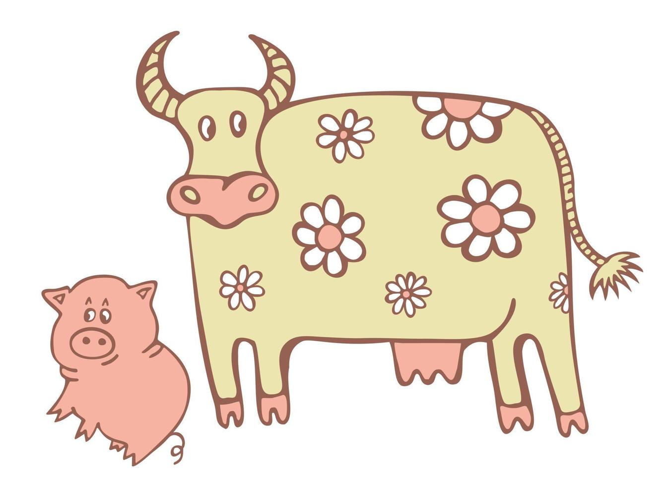 Cow and pig. Cute domestic animals. Doodle vector isolated illustration.