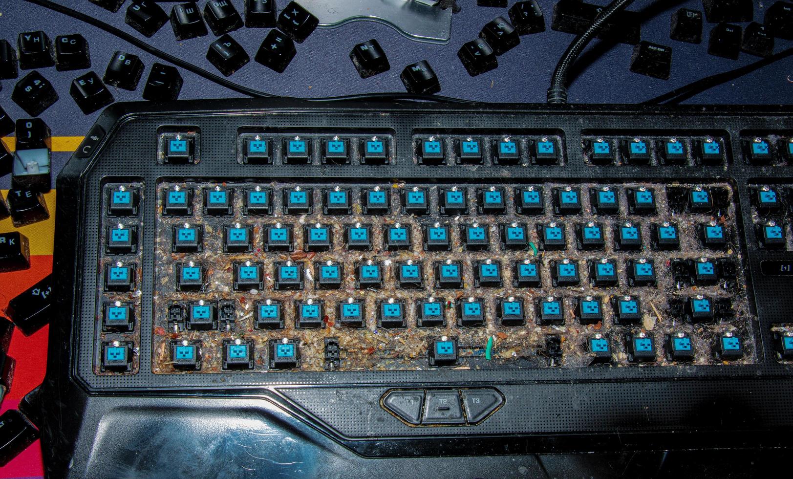 Very dirty keyboard. Dog hair, breadcrumbs and dust accumulated under the keys. Mechanical keyboard switches without buttons photo