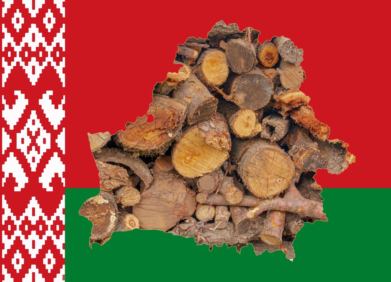 Outline map of Belarus with the image of the national flag. Firewood inside the map. Collage illustration. Energy crisis. photo