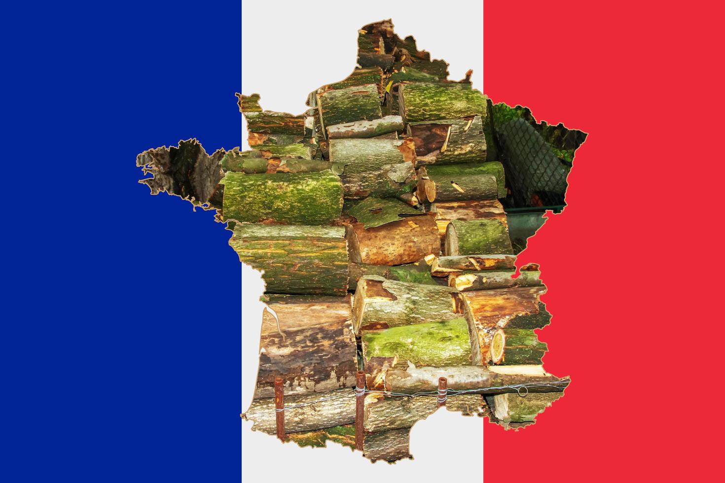 Contour map of France with the image of the national flag. Background of firewood inside the map. Collage illustration. Energy crisis. photo